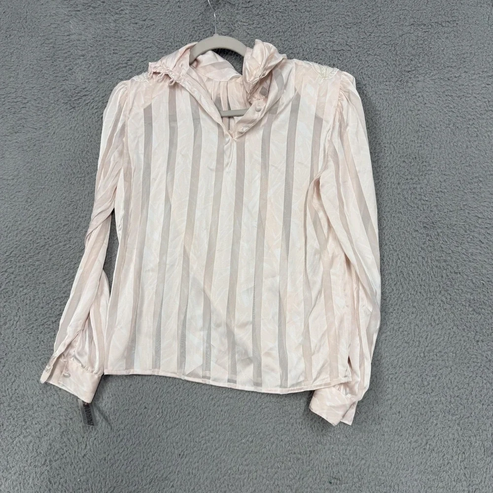 Vintage‎ Worthington Blouse Womens 8 Petite Pink Striped Beaded Mock Neck